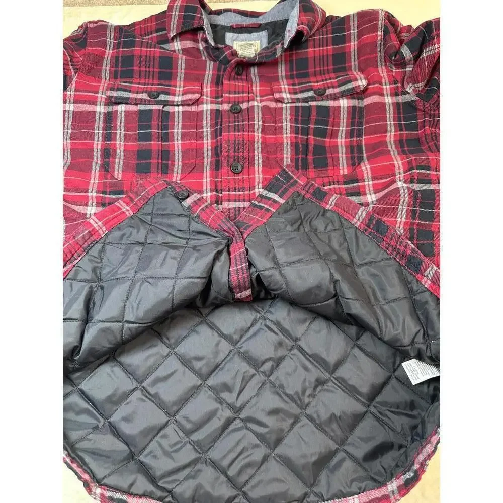 90s Grunge Plaid Quilted Flannel Jacket Red Black Lumberjack Workwear Men’s L